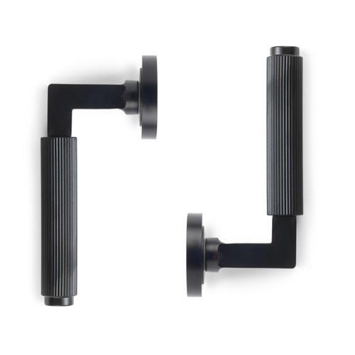 Powder Coated Black Reeded Lever on Rose Door Handle Pair Sprung Internal Set - Picture 4 of 5