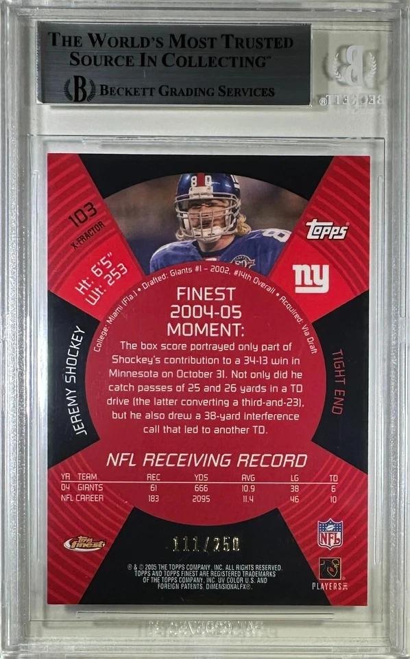 Tarjeta Jeremy Shockey Auto Topps 2005 #111/250 New York Giants BAS Encap GU Foto 2 de 3