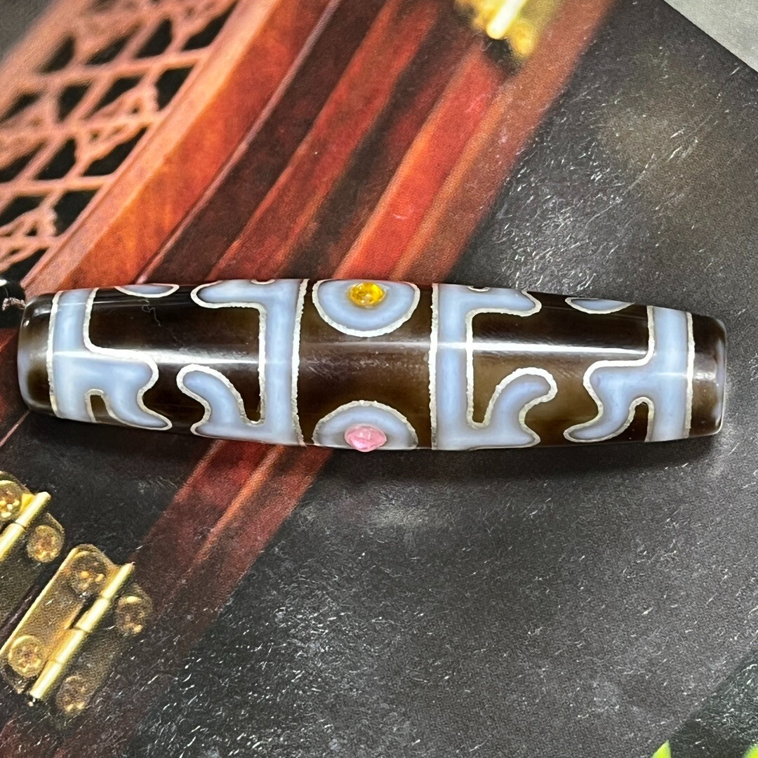 その他 dzi Tibetan Buddhism Agate Inlaid Silver Wire Tourmaline Gem 3