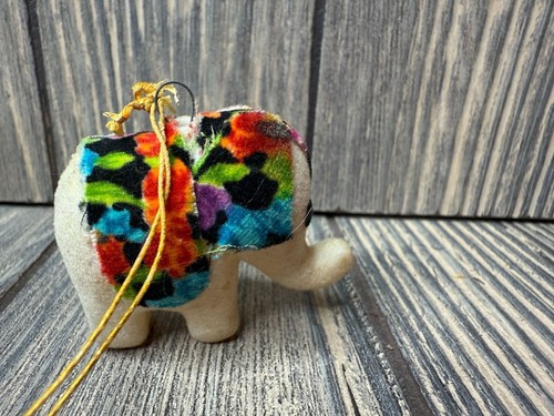 Vintage Handmade Flocked Elephant Ornament With Multicolor Floral Detailing - Picture 3 of 4