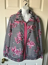 Chicos Zenergy Zip Jacket Floral Pink White Black Stripe Size 4 20/22 Plus Sz