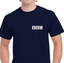 BBC White Logo BRITISH FUNNY Shirt RETRO FUNNY NEWS Navy Blue Cotton T-shirt