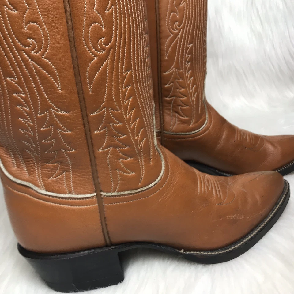 Tony Lama Womens 5 C Cowboy Cowgirl Boots Camel Brown Leather Tall Design J Toe - Image 3 of 4
