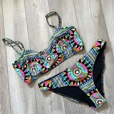 Mara Hoffman Geometric Art Deco Print Longline Top  Bottoms Bikini Set Large 