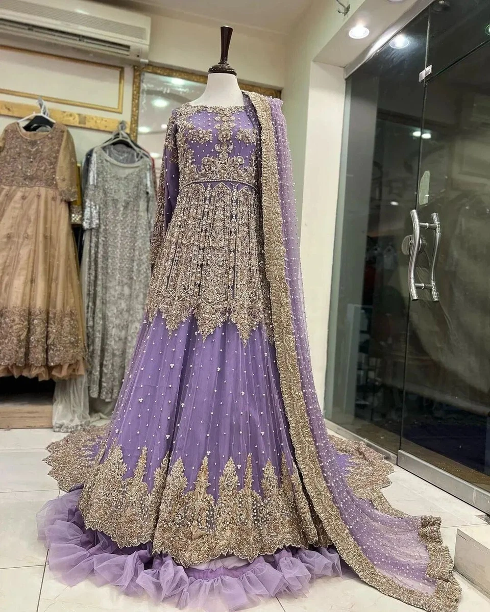 Purple Designer Pakistani Walima long trail gown with embroidery