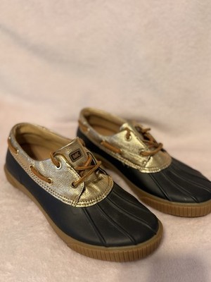 Michael Kors Black/Gold Leather Lace-Up Duck Flats Comfort Logo Women's 8