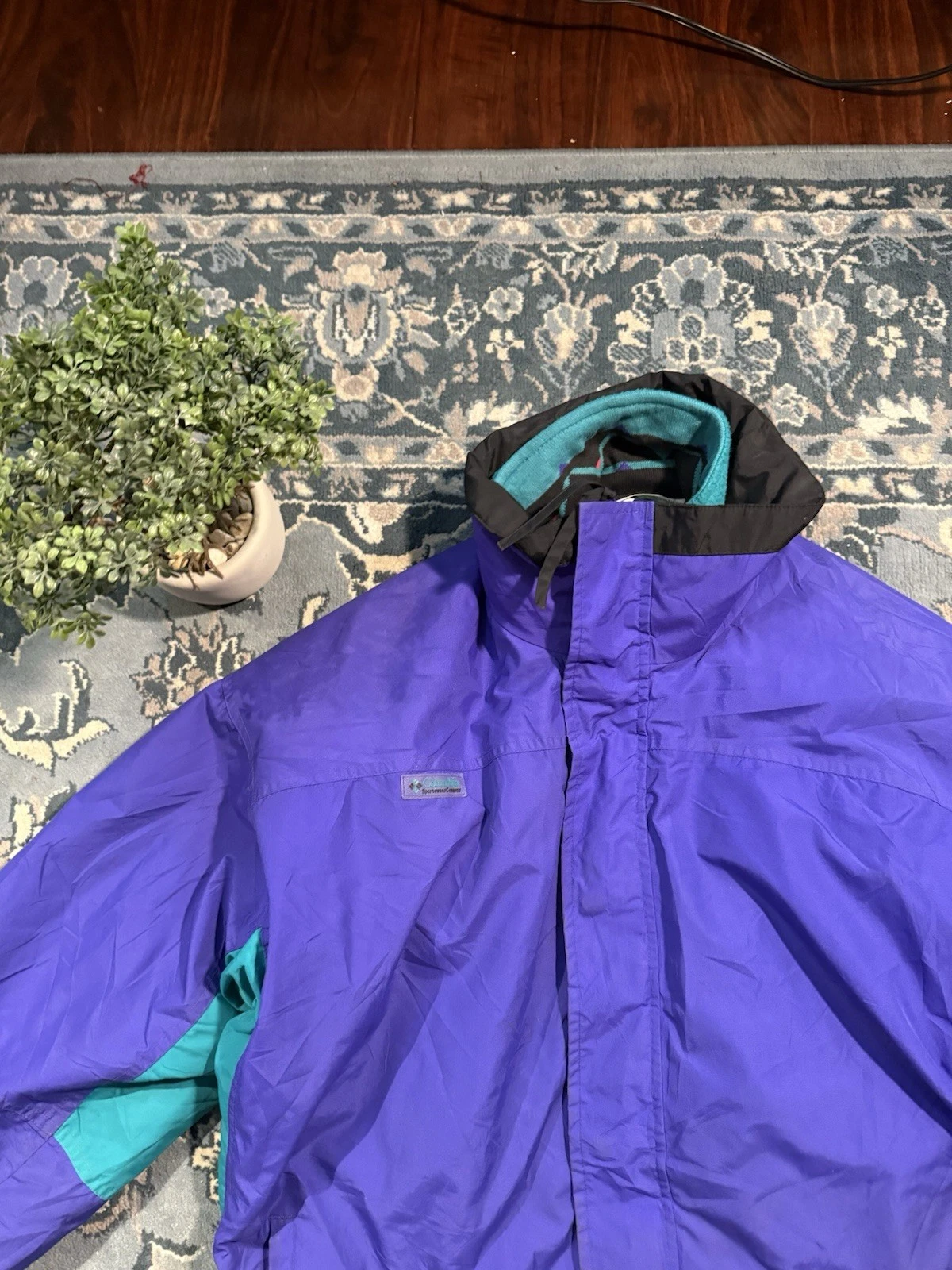 READ Vintage Columbia Mens Down Puffer Jacket Size L Green Purple Reversible 90s