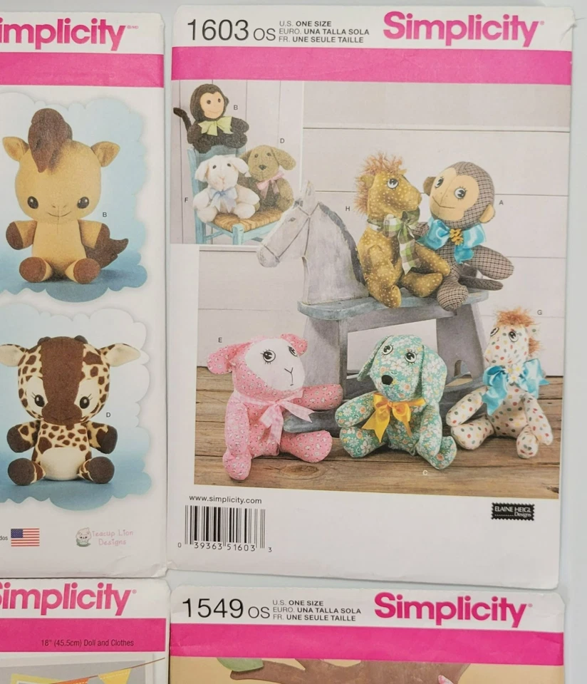 Simplicity Sewing Patterns Bundle For Plush Animals & Dolls 8034 1603 1900 1549 - Image 4 of 4