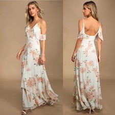 Lulus Take You There Floral Print Maxi Dress in Ivory Size Small