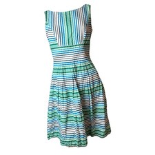 Nine West Coastal Green Stripe Crinkled Cotton Pleated Dress Size 4
