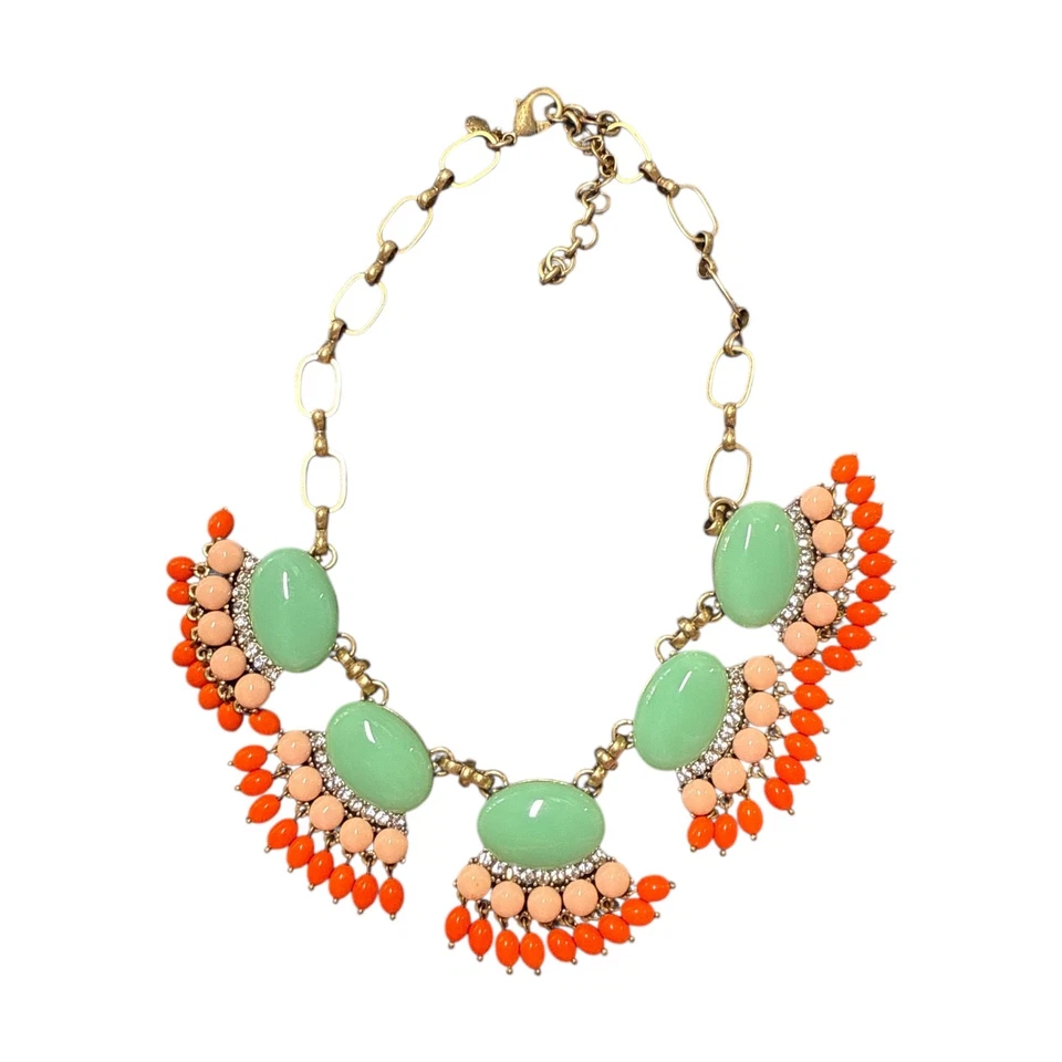 J. Crew Gold Tone Green & Orange Crystal Statement Necklace JC512 - Image 2 of 4