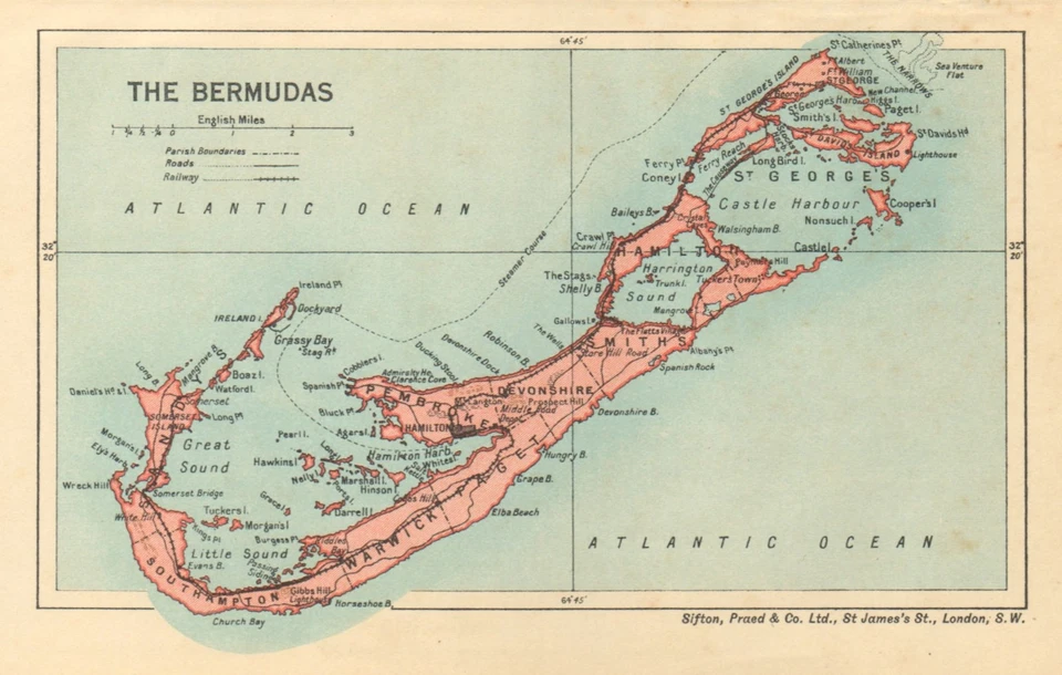 THE BERMUDAS. Vintage map. Bermuda 1935 old vintage plan chart