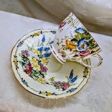 Vintage Teacup & Saucer Set Sutherland Staffordshire Yellow Floral Hand Painted 