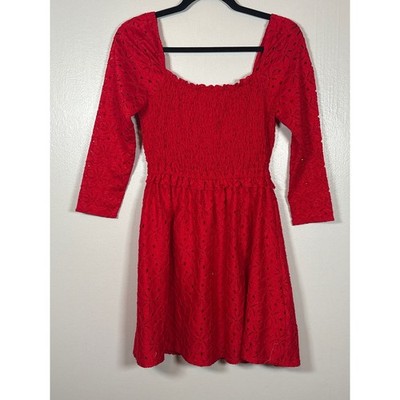 Francescas Mi Ami Red Eyelet Lace Smocked Mini Dress 3/4 Sleeve Women's M