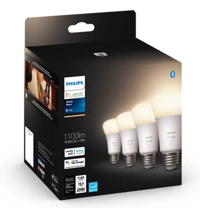 (4 - PACK) Philips Hue 9290024691A White Bluetooth 10.5W A19 1100 Lumen LED Bulb