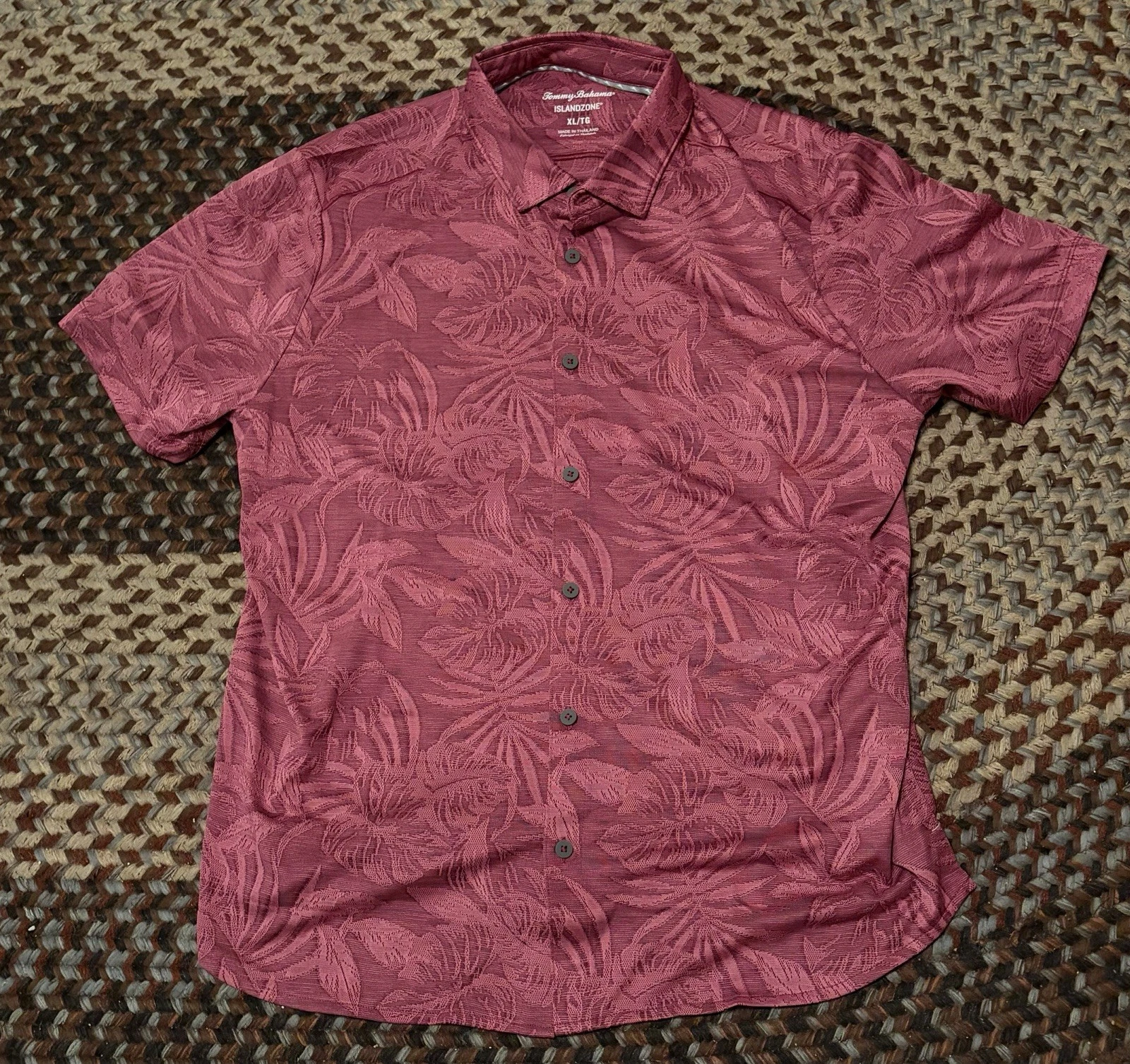 Tommy Bahama Button Front Hawaiian Dark Pink Shirt Islandzone Mens Size XL