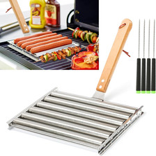 Hot Dog Roller for Grill Stainless Steel BBQ Hot Dog Grill Roller with Wooden Ha