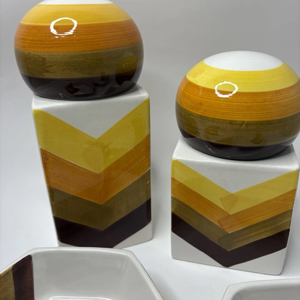 Italian Pottery Set Canisters And Bowls Yellow Orange Brown Chevron MCM Vintage - Image 3 of 4