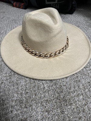 Men Women Wide Brim Fedora with Gold Cuban Chain Beige or cream 