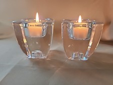 Scandinavian MCM Crystal Glass Taper Candle Tea Light Holders Pair 3” Reversible