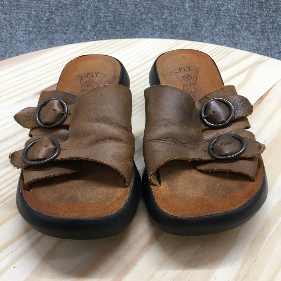 Fly London Sandals Womens 37 Bald849fly Slide Brown Buckle Slip On Wedge Heels - Image 4 of 4