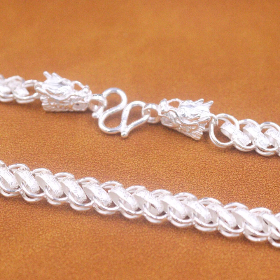 Collar de plata fina pura 999 para hombres y mujeres 9 mm tallado cabeza de dragón cadena de eslabones 22 pulgadas Foto 3 de 4