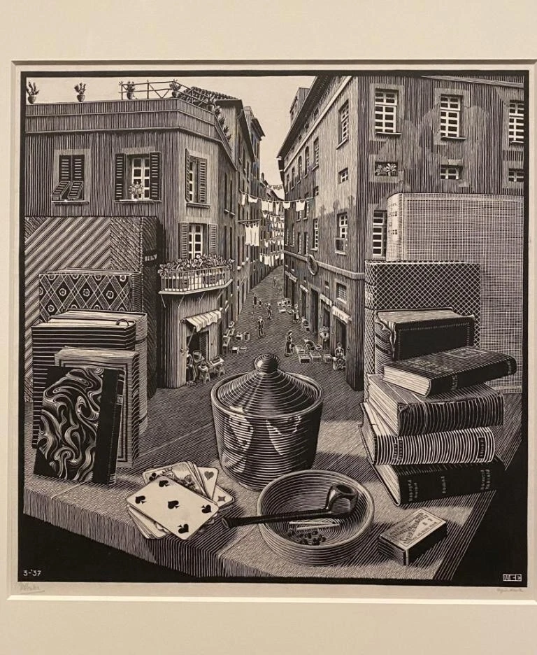 Still Life and Street – M.C. Escher Surreal Perspective Art Print 1938 to Frame - Image 2 of 2