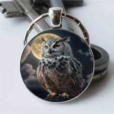 Moonlit Owl Glass Cabochon Keychain