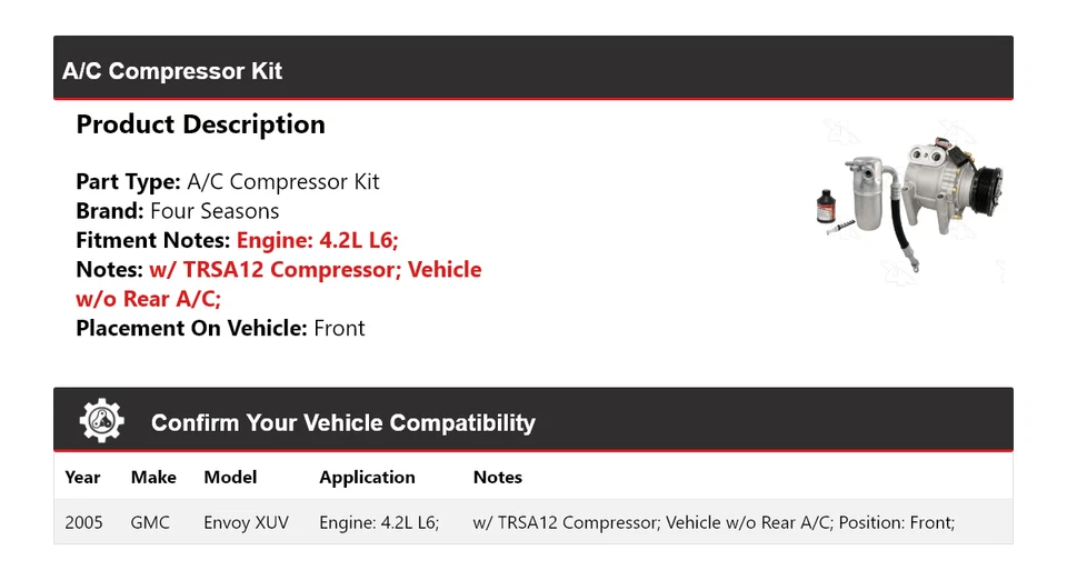 Kit de compresor de aire acondicionado delantero para GMC Envoy XUV 2005 4,2 L L6 4 estaciones Foto 2 de 4