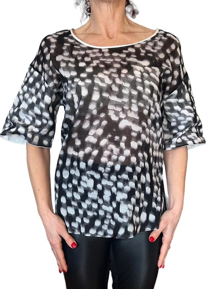 JIL SANDER BLUSA TOP MUJER AZUL MARINO NEGRO BLANCO ESTAMPADO ABSTRACTO MANGA CORTA 34 S Foto 2 de 4