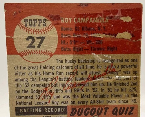 Roy Campanella 1953 Topps #27 Brooklyn Dodgers PR - Picture 5 of 6