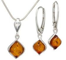 Natural Baltic Amber Sterling Silver 925 Jewellery Set Earrings Pendant Necklace