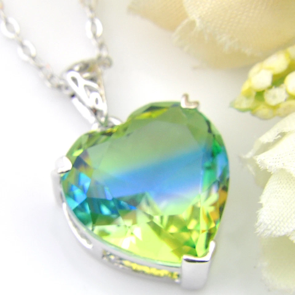 Venta al por mayor 2 piezas/lote corazón arco iris topacio místico turmalina gemas colgante de plata Foto 2 de 4