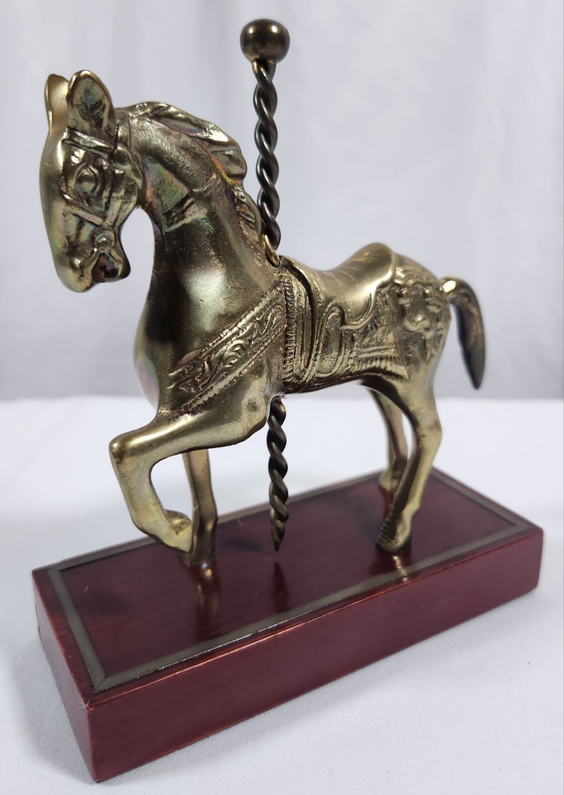 Vintage Brass Carousel Horse Figurine On Wooden Stand 5.5