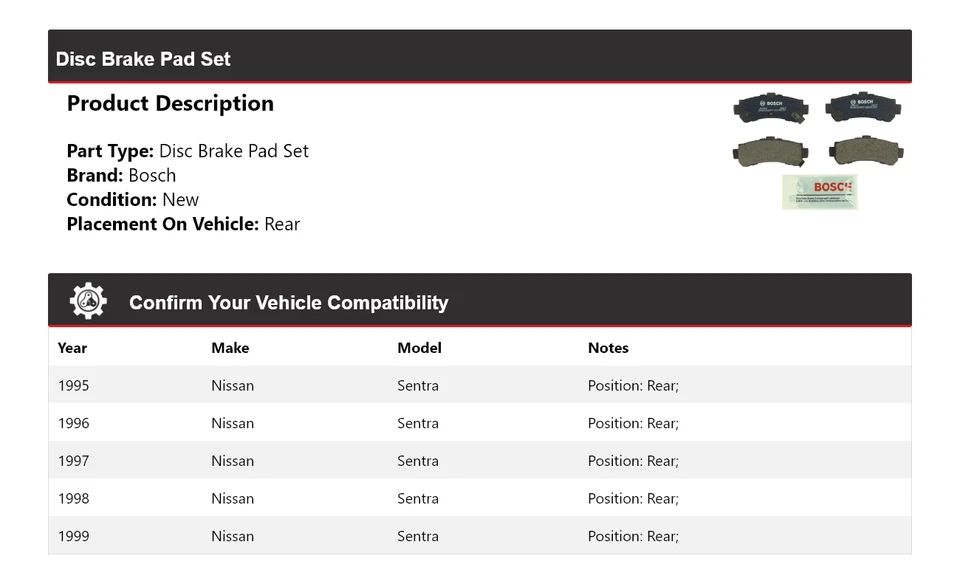 Pastillas de freno traseras de cerámica QuietCast 1996 1997 para Nissan Sentra Bosch 1995-1999 Foto 2 de 3