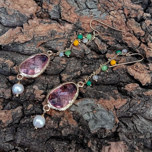 Cultured White Pearl Colorful Crystal Gold Plated Hook Dangle Earrings - Picture 3 of 6