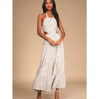 Lulus Blissful Days Ivory Floral Cutout Halter Maxi Dress M Cottagecore