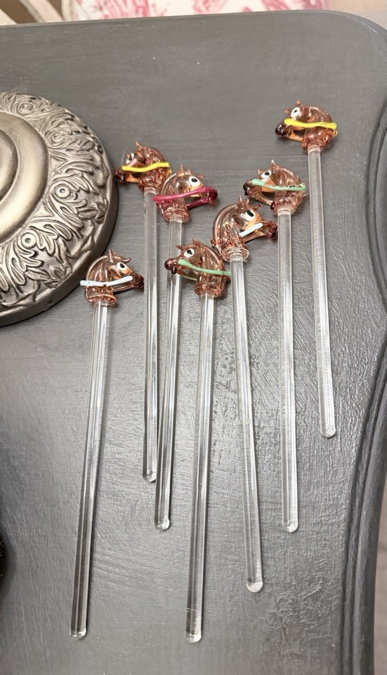 Vintage Glass Horse Swizzle Sticks Set of 7 Hand Blown Cocktail Drink Stirrers