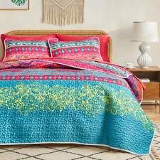 3 Pieces Colorful Boho Quilt Set King Size, Bohemian Striped Pink n Teal Prin...