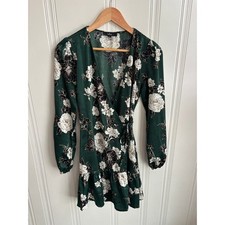 Lulus Long Sleeve Wrap Dress Evergreen Floral Print Women's Small 