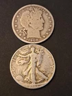 Lot (2) 1946-D & 08-O Walking Liberty / Barber Half Dollar Coins