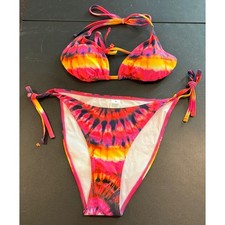 Womens Medium Bikini Set Pink Orange Tie Dye Triangle Top Side Tie Bottom NEW