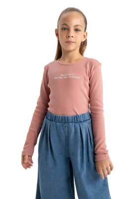 Langarmshirt Mädchen DeFacto Regular Fit 100% Baumwolle Crew Neck, Schwarz