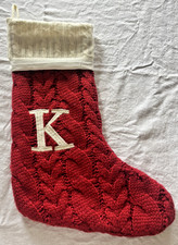 K Christmas Stocking Initial Monogram Letter Red Ivory Cable Chunky Knit 17"
