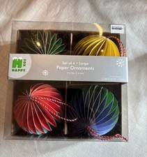 Bed Bath and Beyond set of 4 large paper ornaments, 3" diameter, new in box NIB