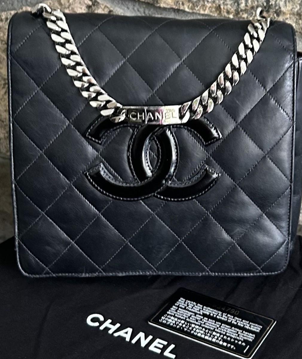CHANEL Handbag ID Chain Handle Flap Quilted Leather Black w/Dust