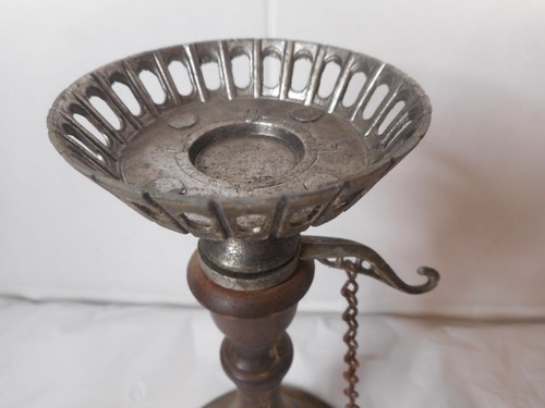 1960s Pewter Dilly Wood Spindle Metal Candle Holder w Snuffer Chain Hook 8 3/8" - Picture 6 of 16