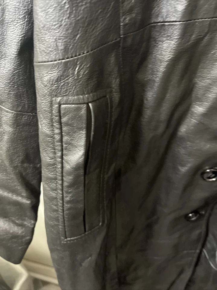 Abrigo largo estilo Metro negro 100 % cuero con botones y cinturón talla Petite XL PXL Foto 4 de 4
