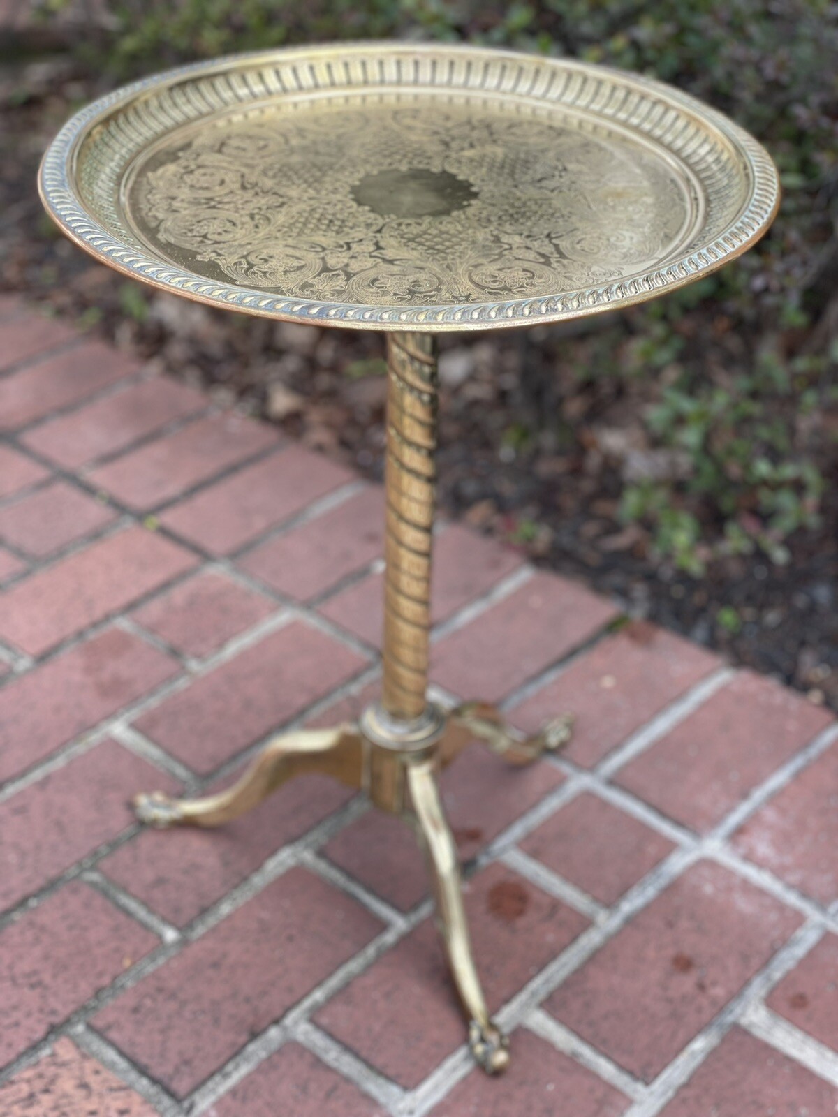 Weiman 1970’s Vintage Brass Pedestal Table With Florentine Engraving ...