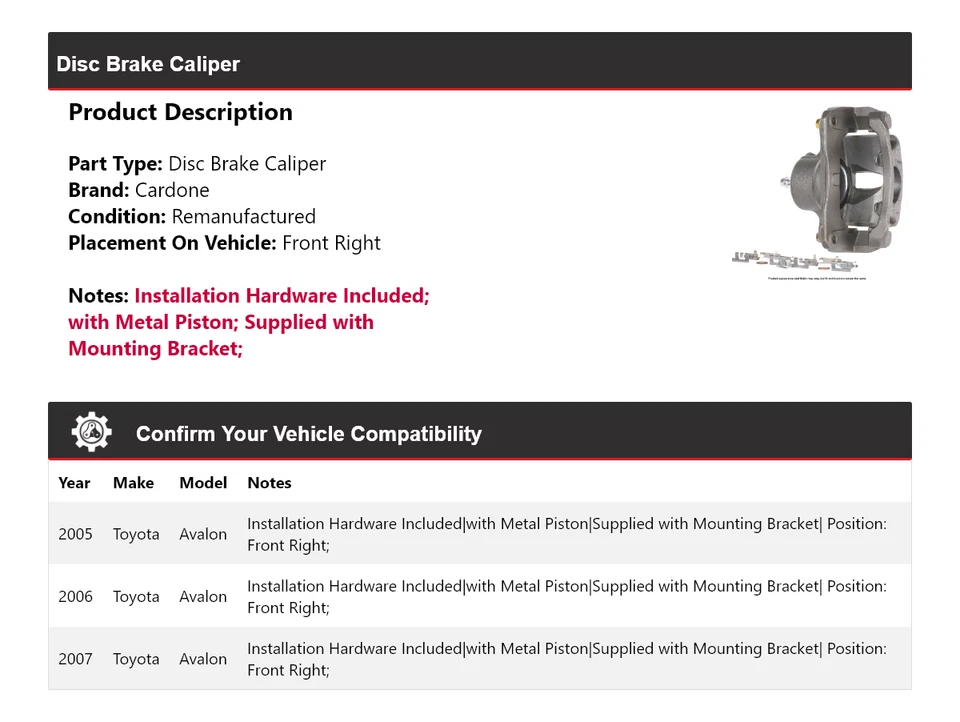 Pinza de freno de disco delantera derecha Cardone 2006 para Toyota Avalon 2005-2007 Foto 2 de 4